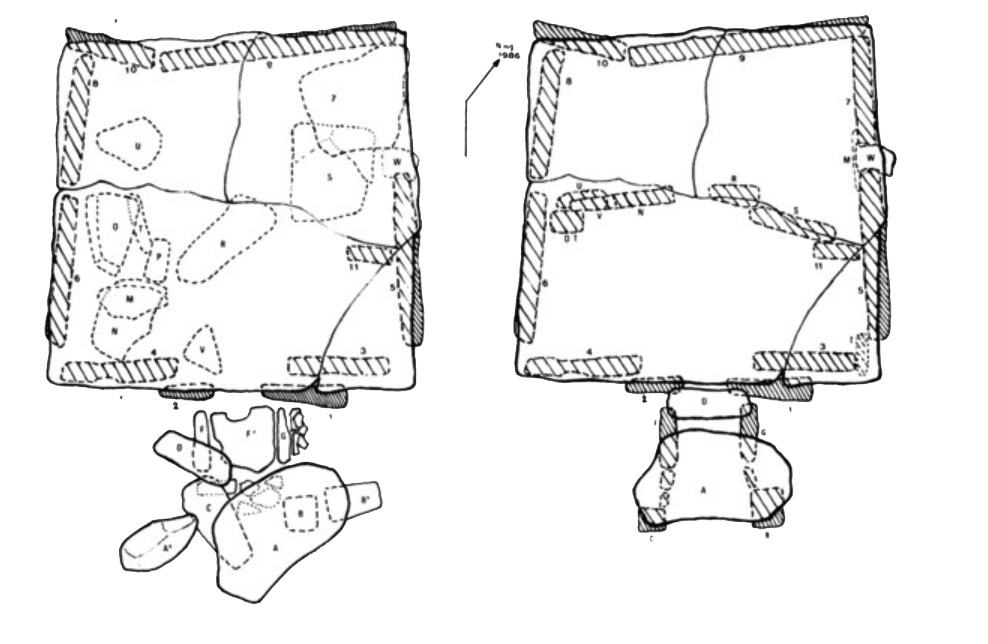 Plan du dolmen de la Bajoulière avant et après restauration (Maine-et-Loire)