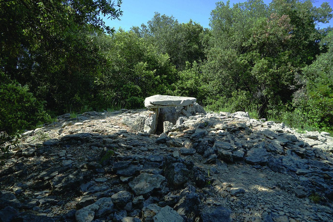Dalles et tumulus d'un dolmen de la nécropole des Géandes, Bourg-Saint-Andéol (Ardèche)