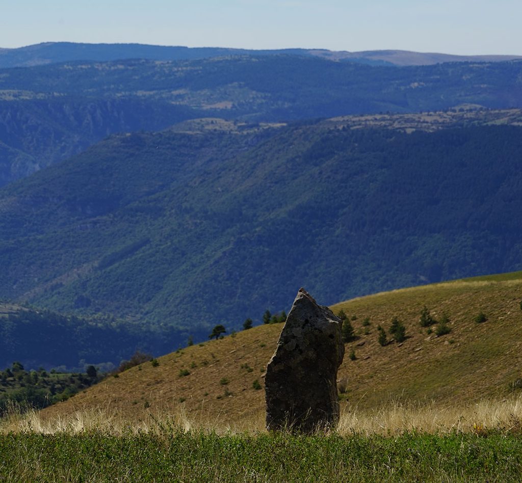 Un menhir isolé des Bondons, en Lozère (Occitanie). 