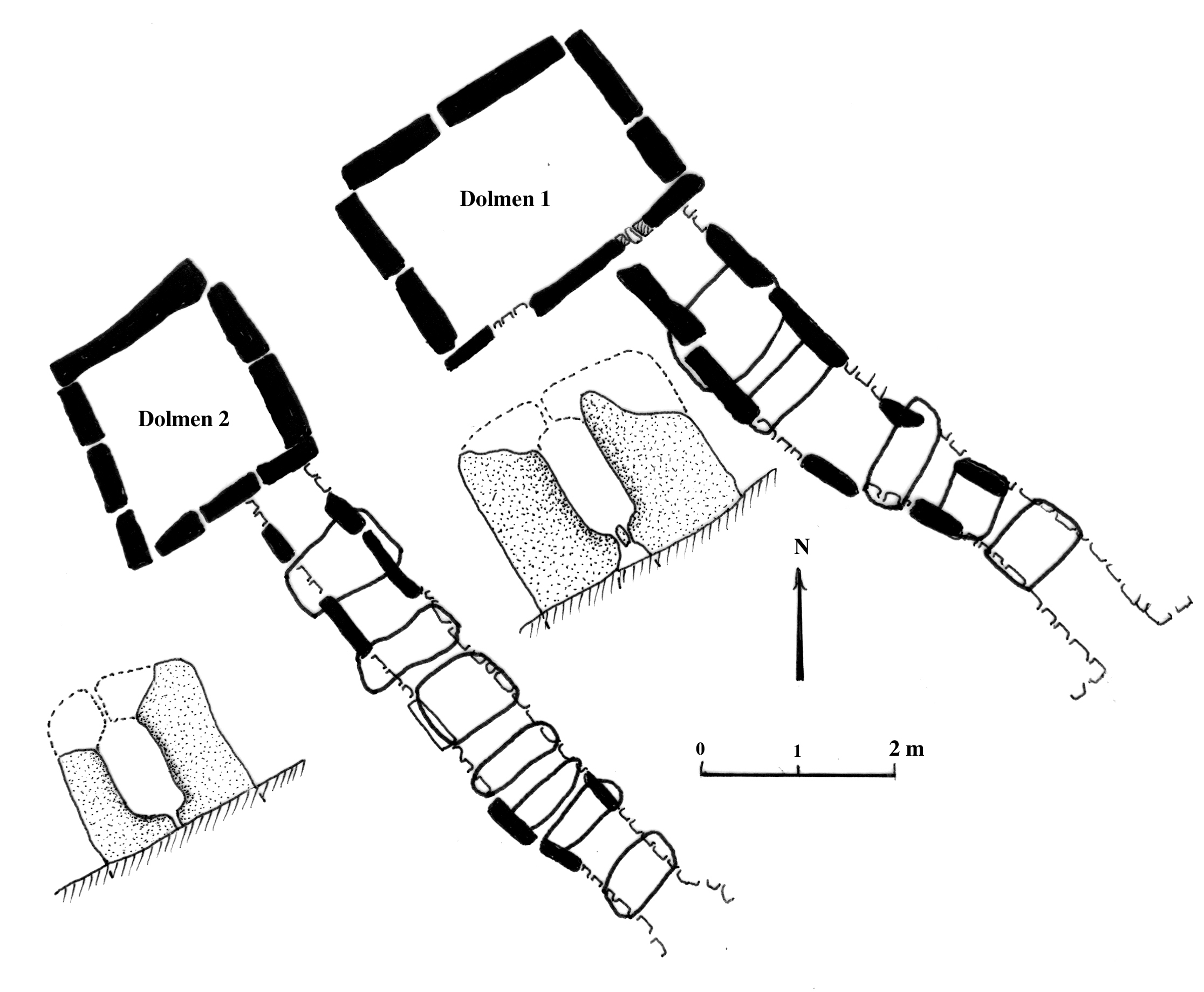 Plan des deux dolmens du tumulus B de la nécropole de Chenon (Charente)