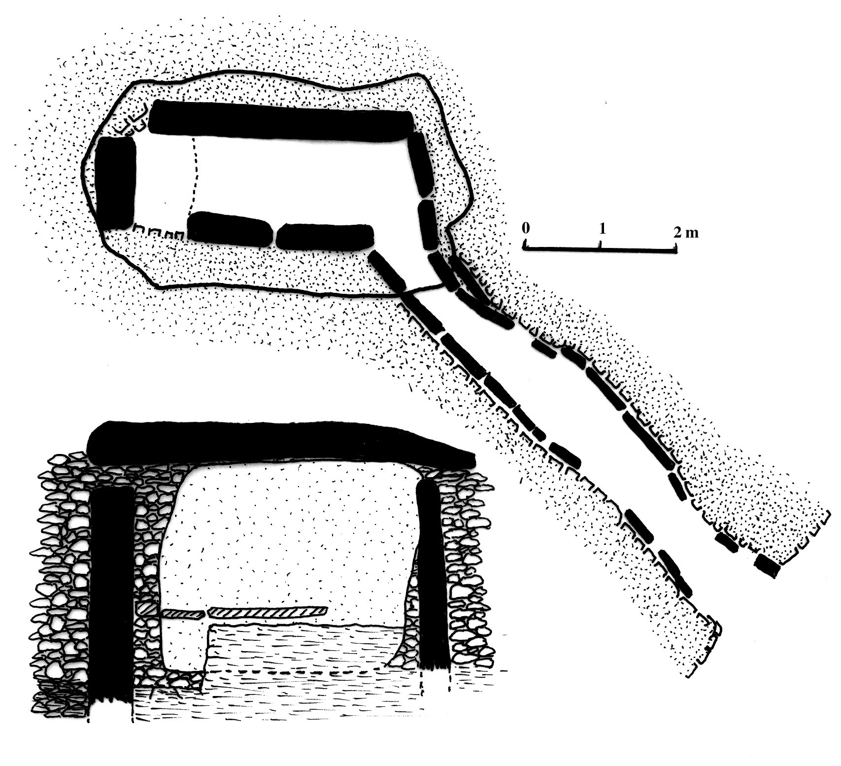 Plan du dolmen A1 et son long couloir, nécropole de Chenon (Charente)
