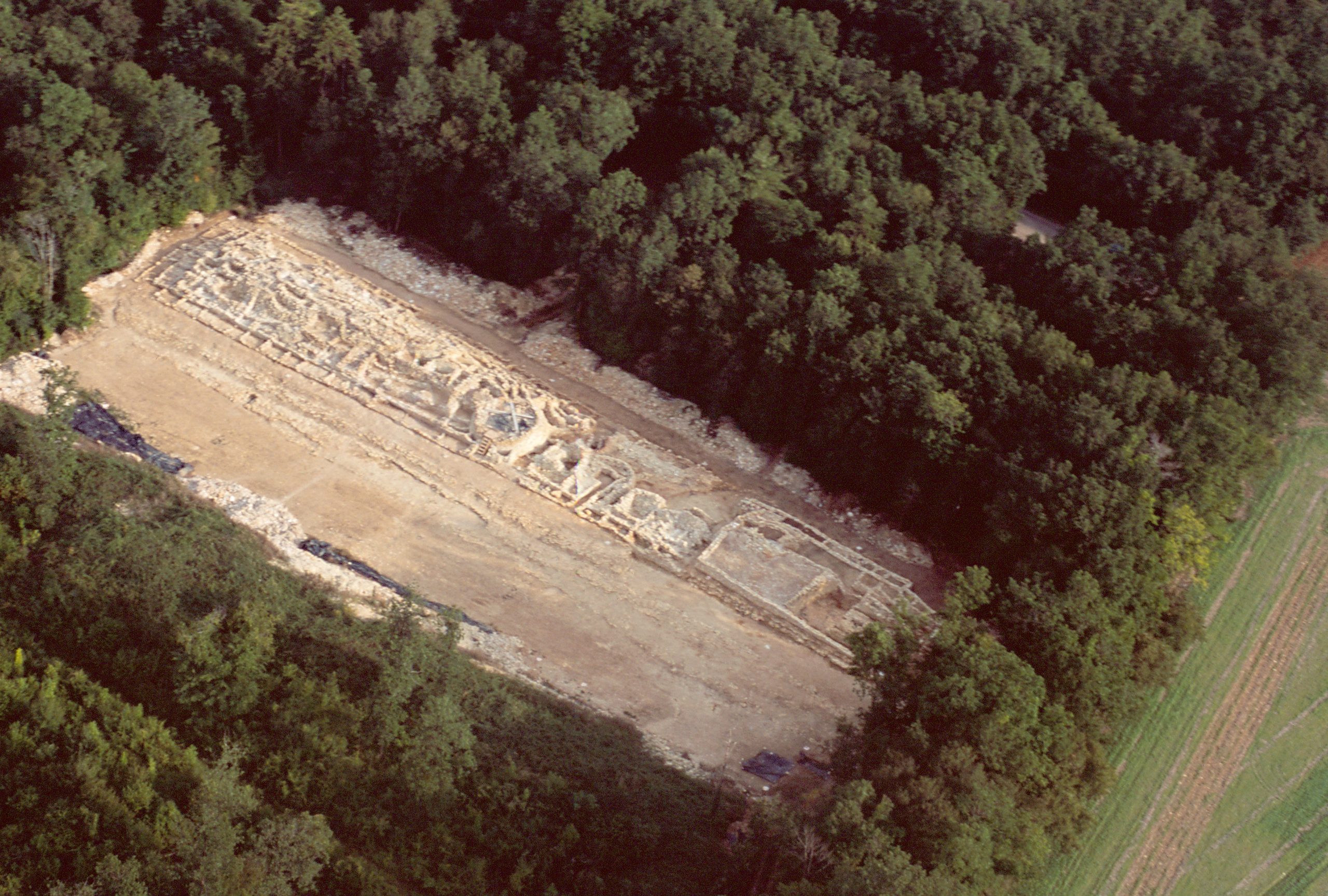 Vue aérienne du long tumulus du Péré à Prissé-la-Charrière (Deux-Sèvres)