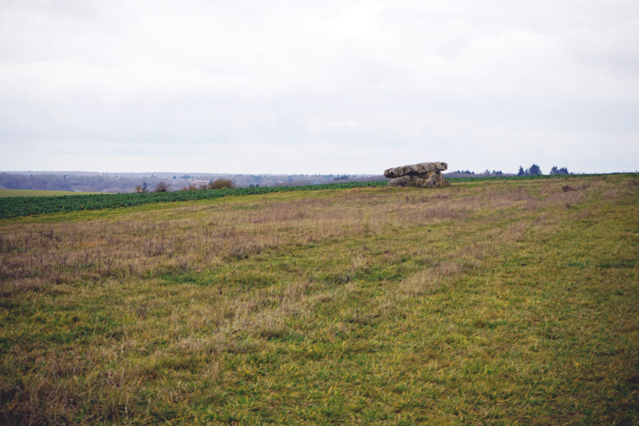 Le discret dolmen de la Pierre Frite dans le paysage à Yermenonville (Eure-et-Loir)