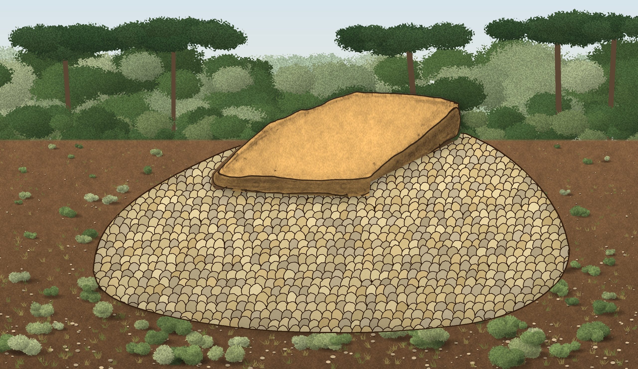 Reconstitution du dolmen du Cros des Grenouilles à Berrias-et-Casteljau (Ardèche)