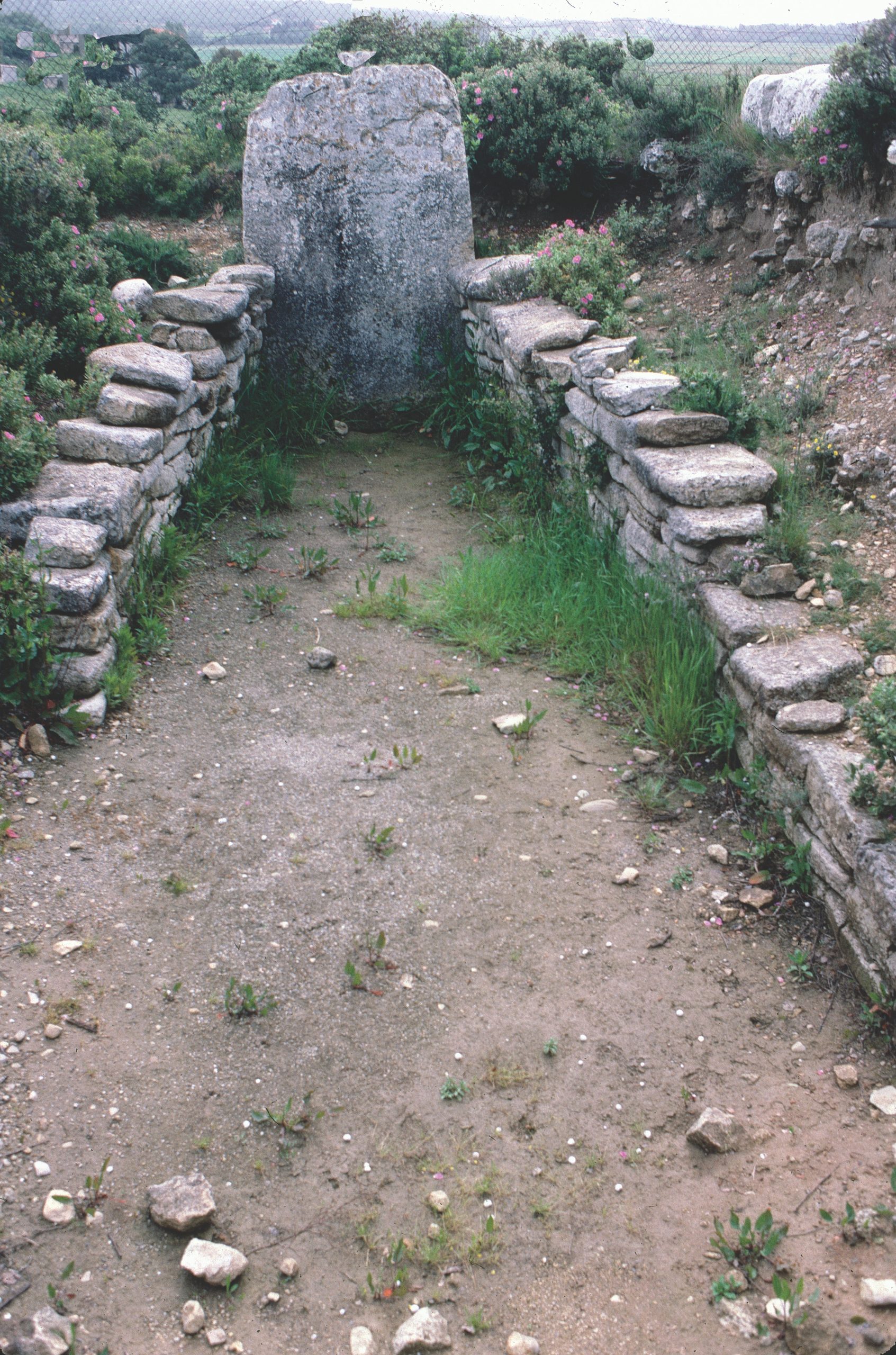 La dalle de chevet et les restes des murs du dolmen de Coutignargues à Fontvieille (Bouches-du-Rhône)